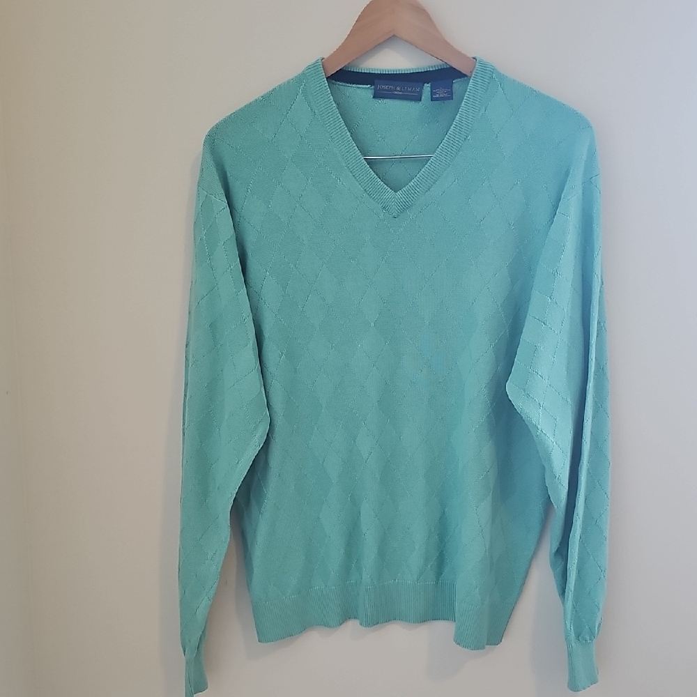 Joseph & Lyman Silk Cashmere V-Neck Sweater Mens Size L Aqua Blue Argyle Knit